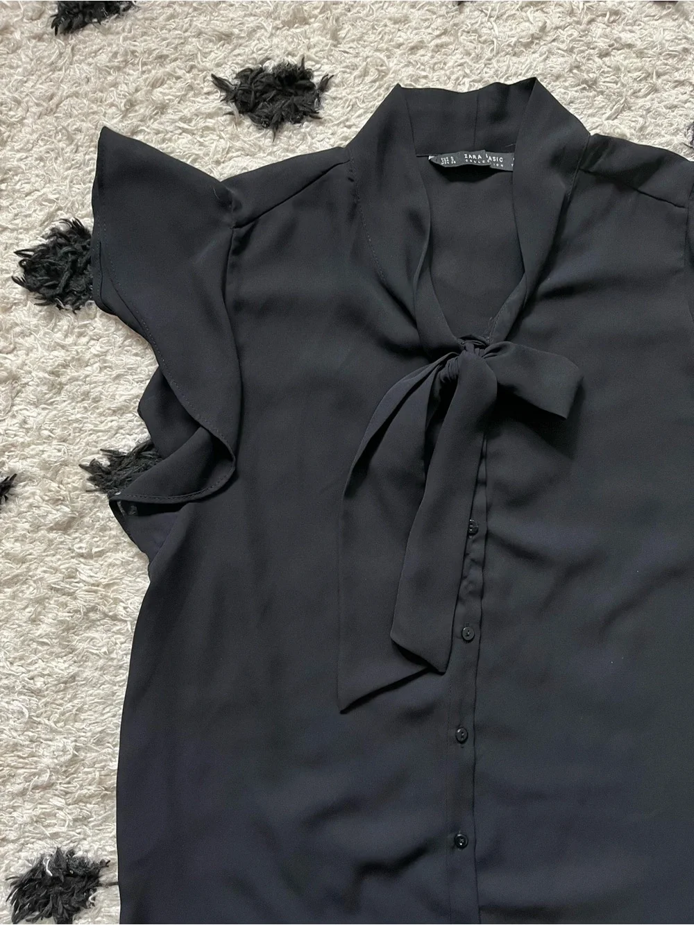 Zara size small black button down short ruffle sleeve with tie neck
